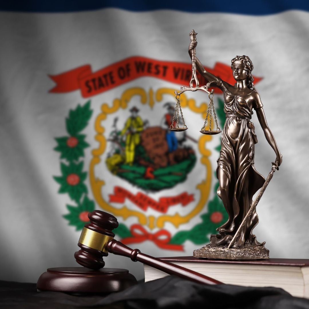 WV Flag, Lady Justice and Gavel