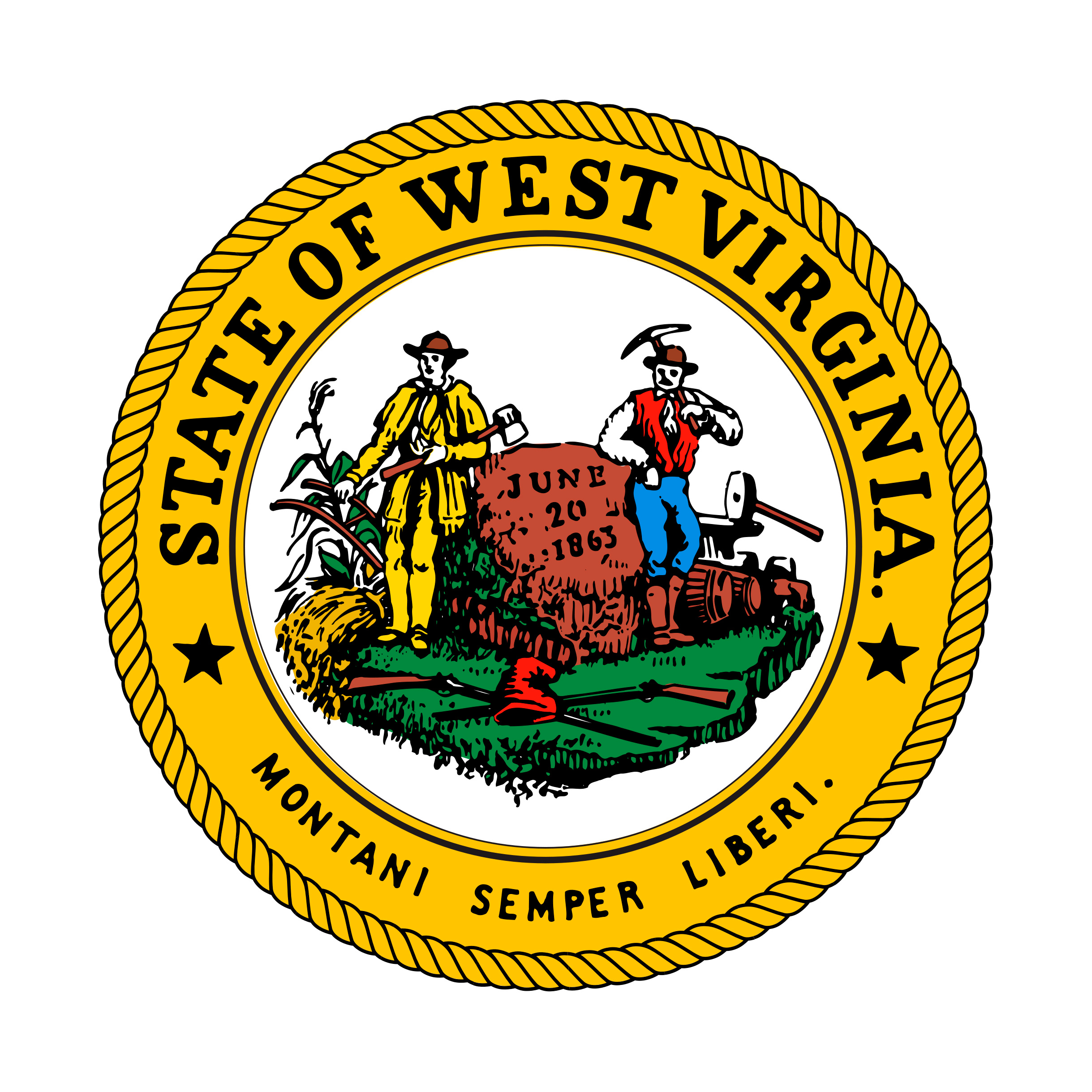 Seal for the State of West Virginia, with a farmer and miner standing by a stone dated with June 20, 1863