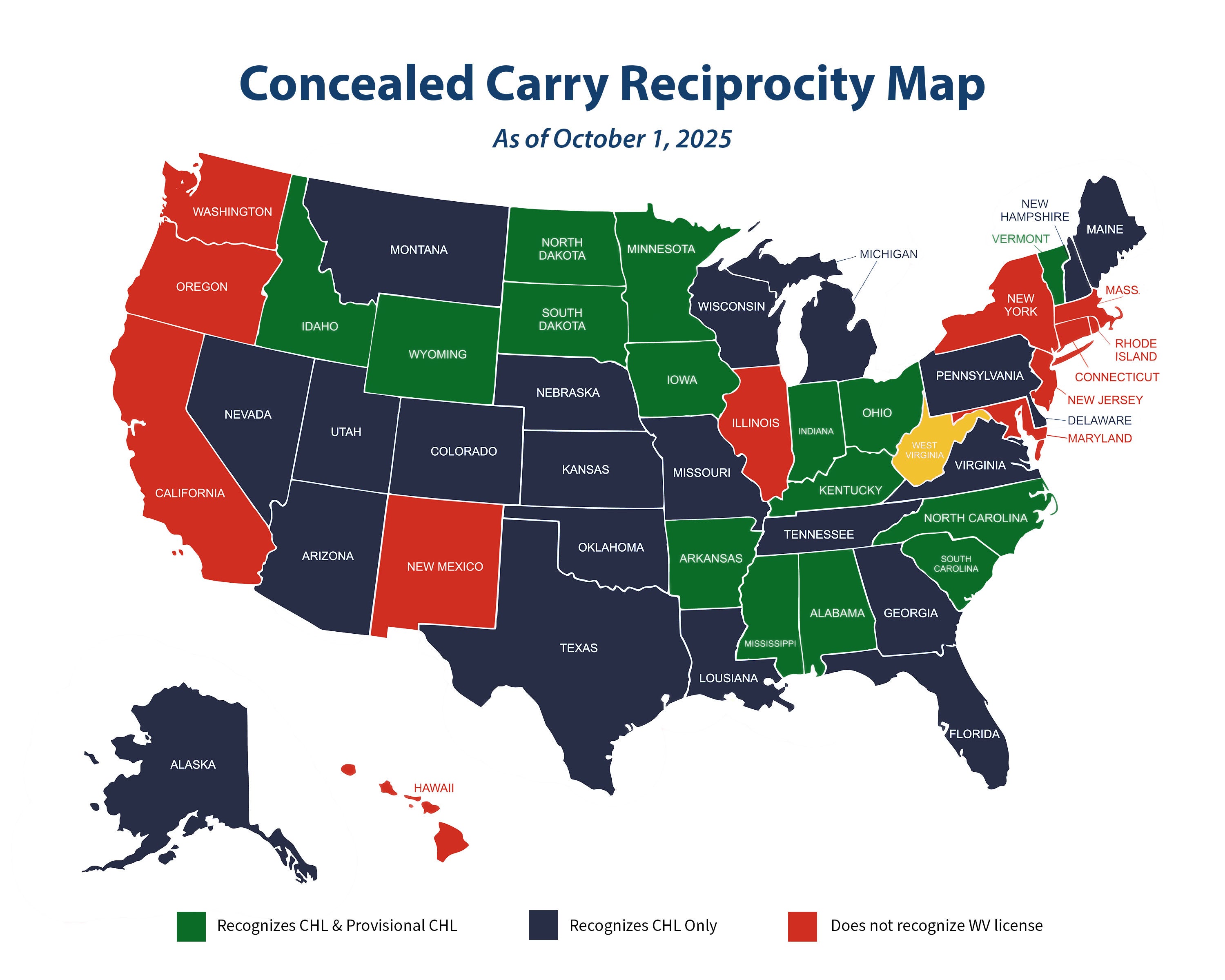 A color-coded map of the United States showing which states have gun reciprocity agreements with WV